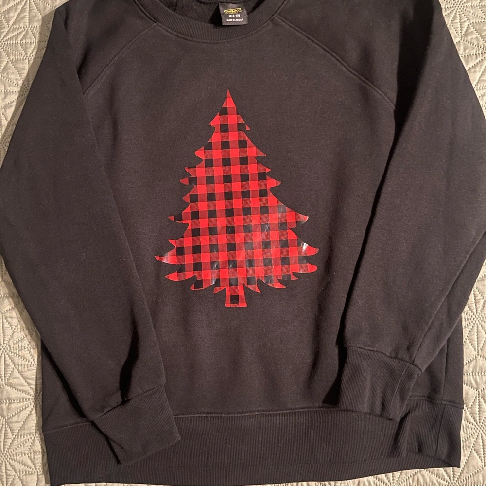 Athletic Works Black Crewneck Sweater with Red Plaid Tree